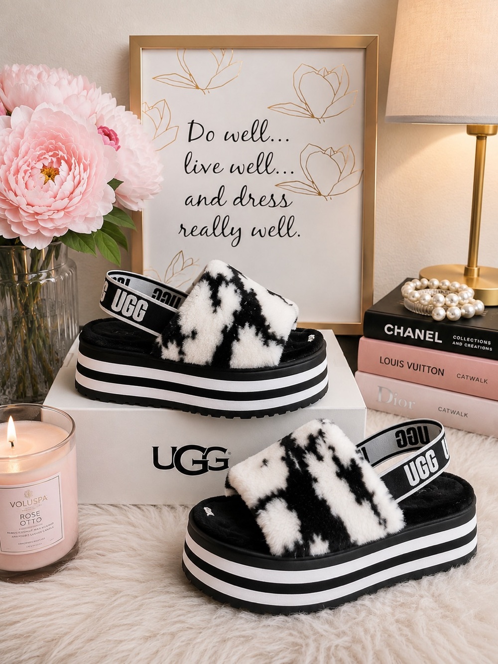 UGG Black & White Fuzzy Platform Slide Mules